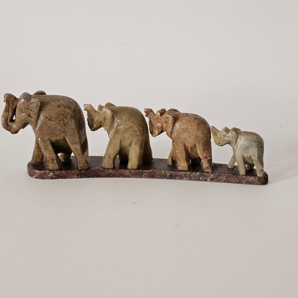 Carved Stone Elephants Family Figurine-4  Elephants on Base